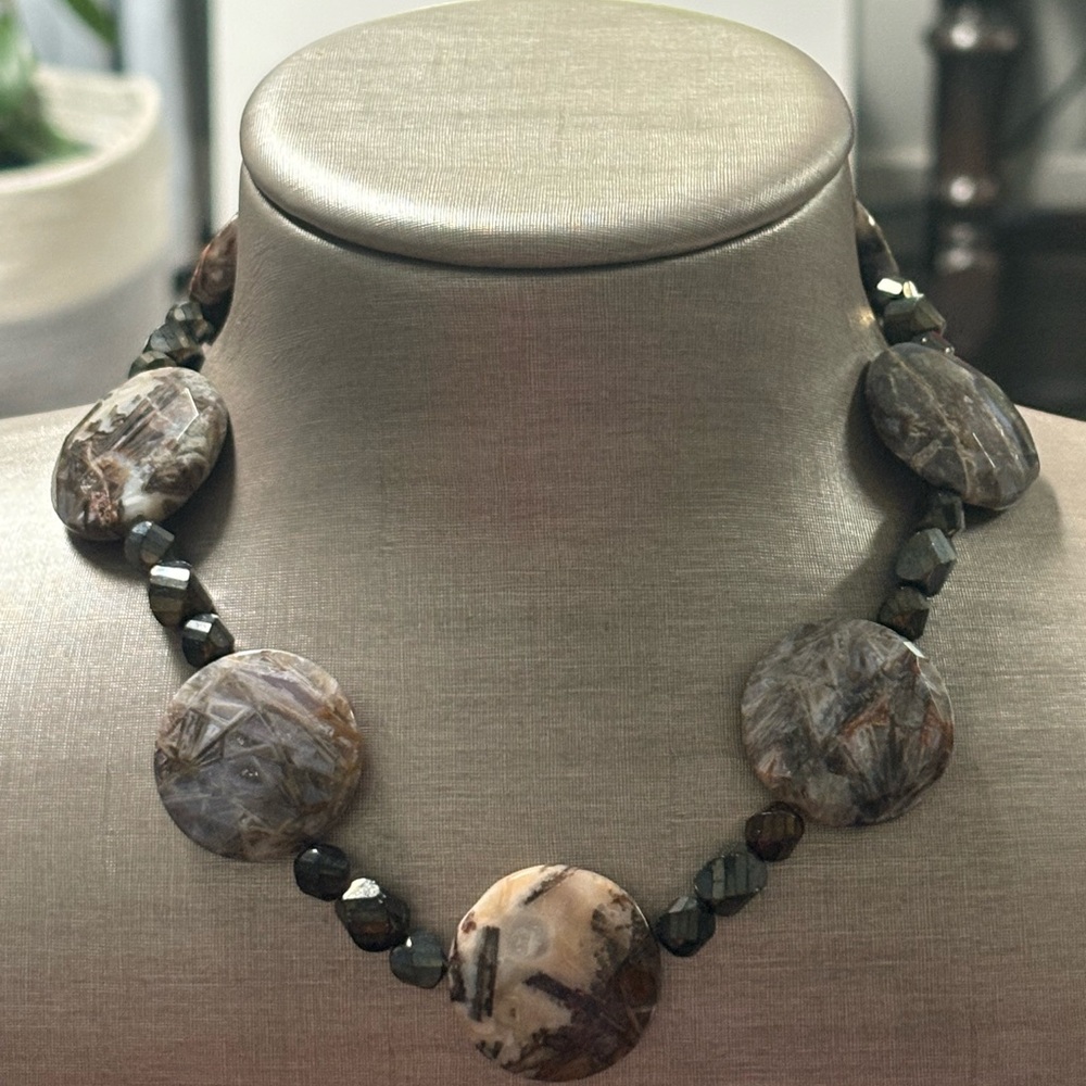 Artisan Sandstone Jasper Coin Chocker with Black Faceted Bead.